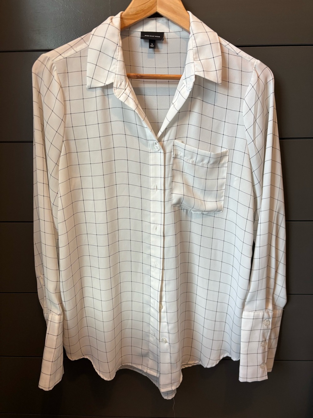 Who What Wear White Button-Up Blouse with Black Windowpane Grid Size Small